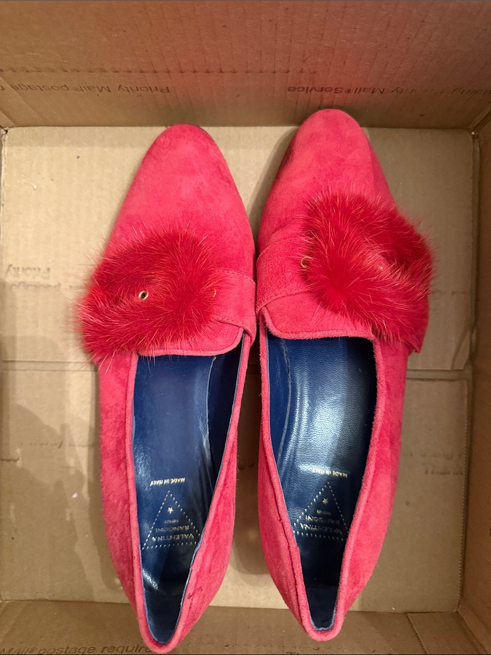 Rangoni Red Suede Loafers with Fur Pom